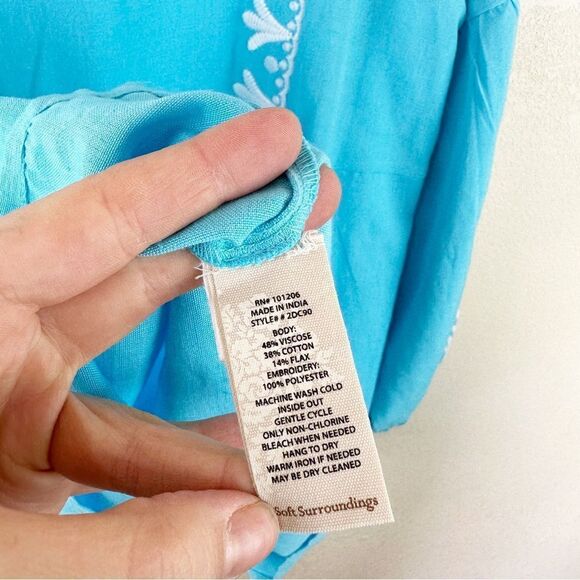 Soft Surroundings Blue Linen Embroidered Blouse Top Long Sleeve Large - Picture 7 of 7